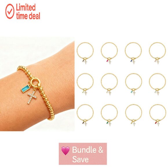 Gold Beaded Stretch Bracelet with Cross Charm & Birthstone, 9.45" - Picture 8 of 8